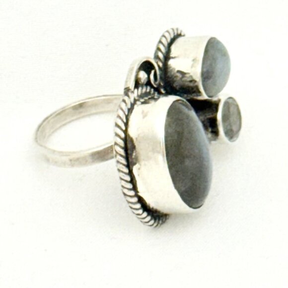 Labradorite and Faceted Green Amethyst Sterling Silver Statement Ring - Size 8 - Picture 3 of 10